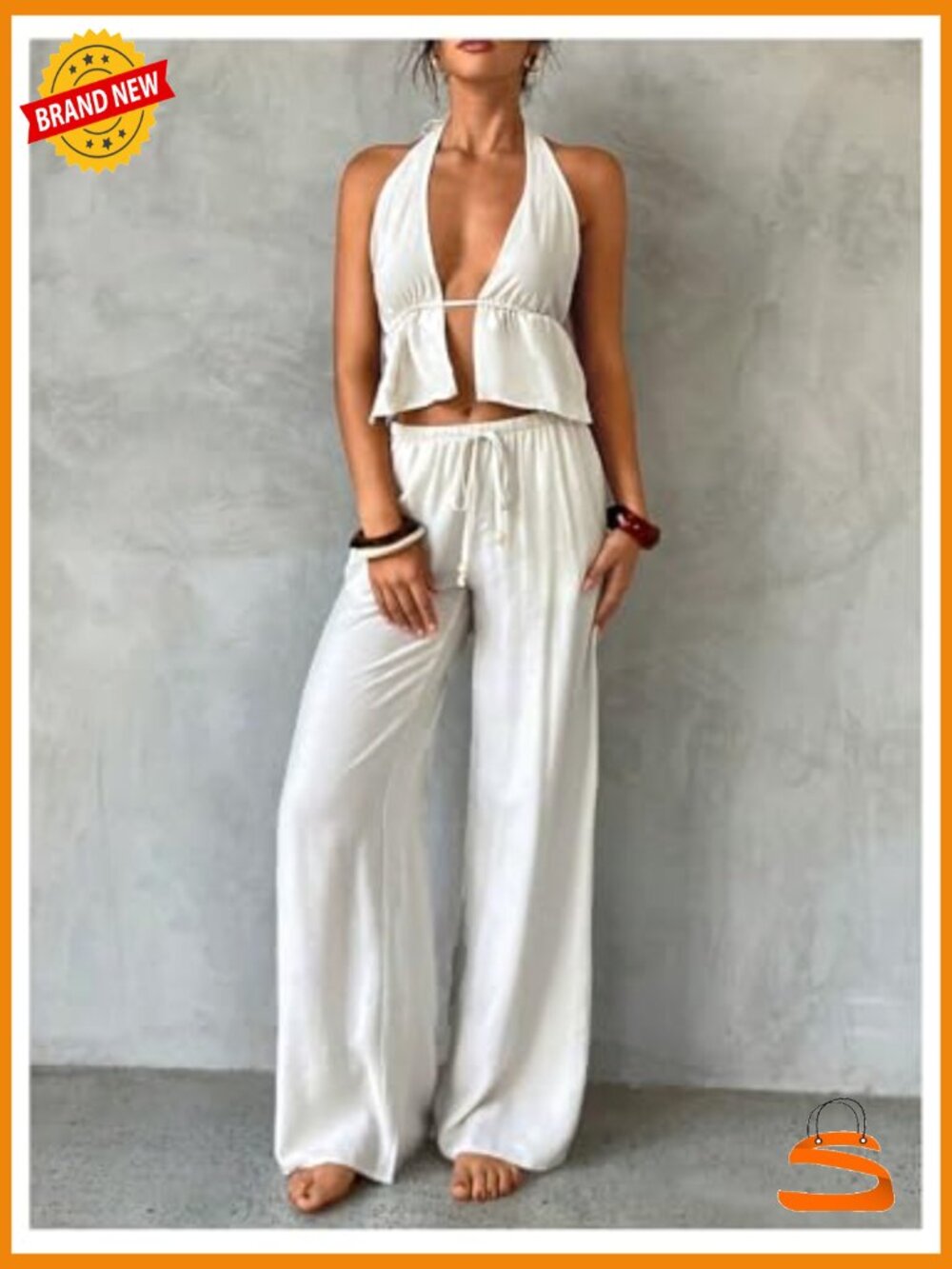 2 Piece Beach Outfit: Peplum Crop Top & Wide Leg Pants Set - Picture 4 of 5